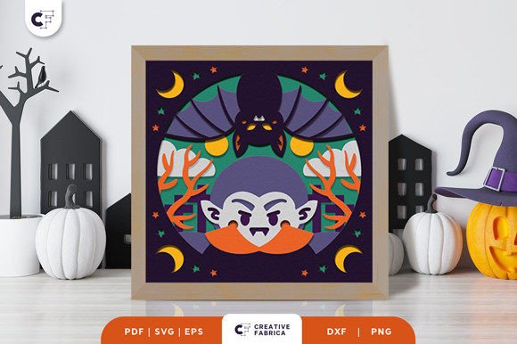 Cute Vampire and Bats 3D Shadow Box SVG for Halloween Crafts